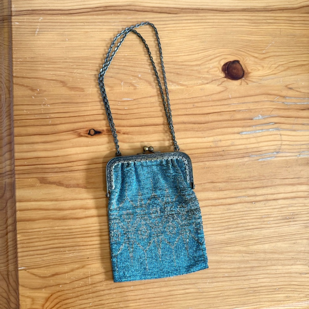 Antique 1920s Blue Micro Beaded Evening Bag Silver Chain